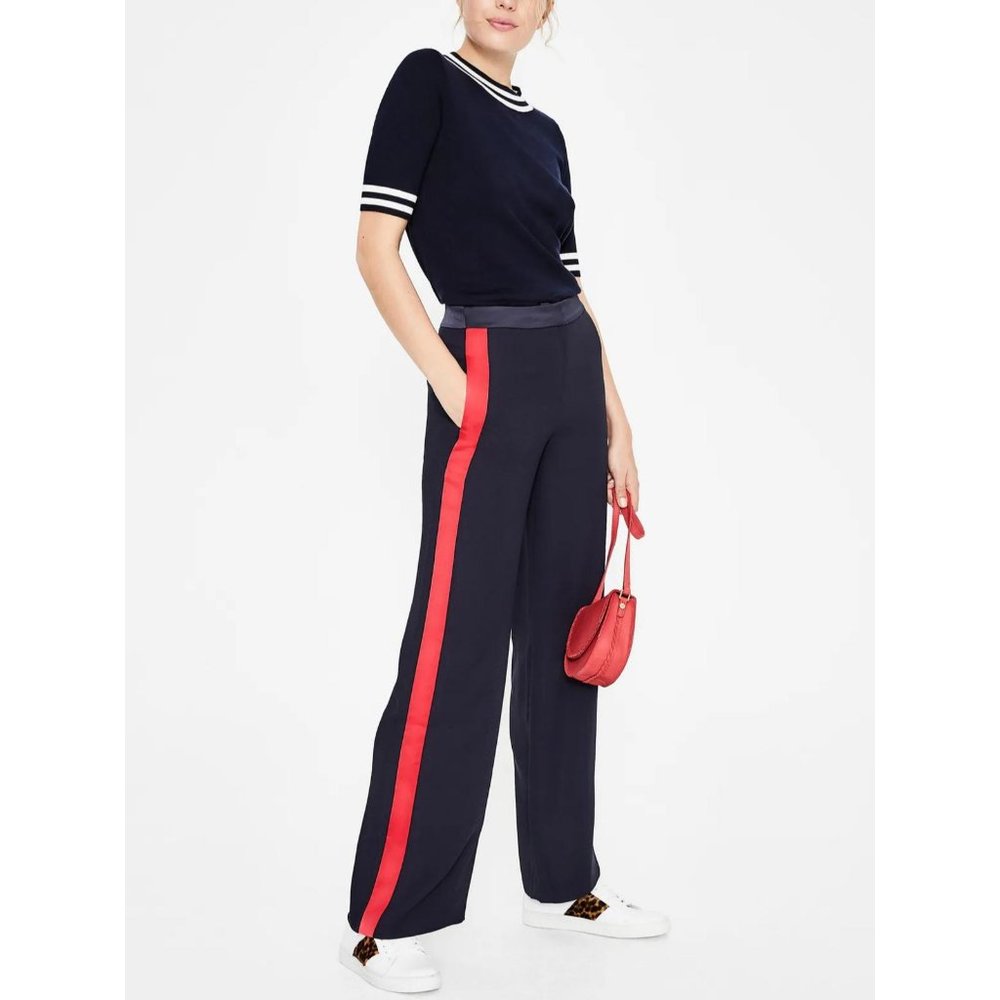 Boden Navy Wide-Leg Pants with Red Side Stripe